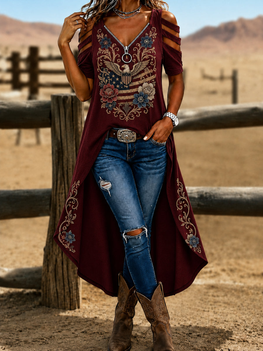 American Style Short Sleeve Off Shoulder Irregular Shirt